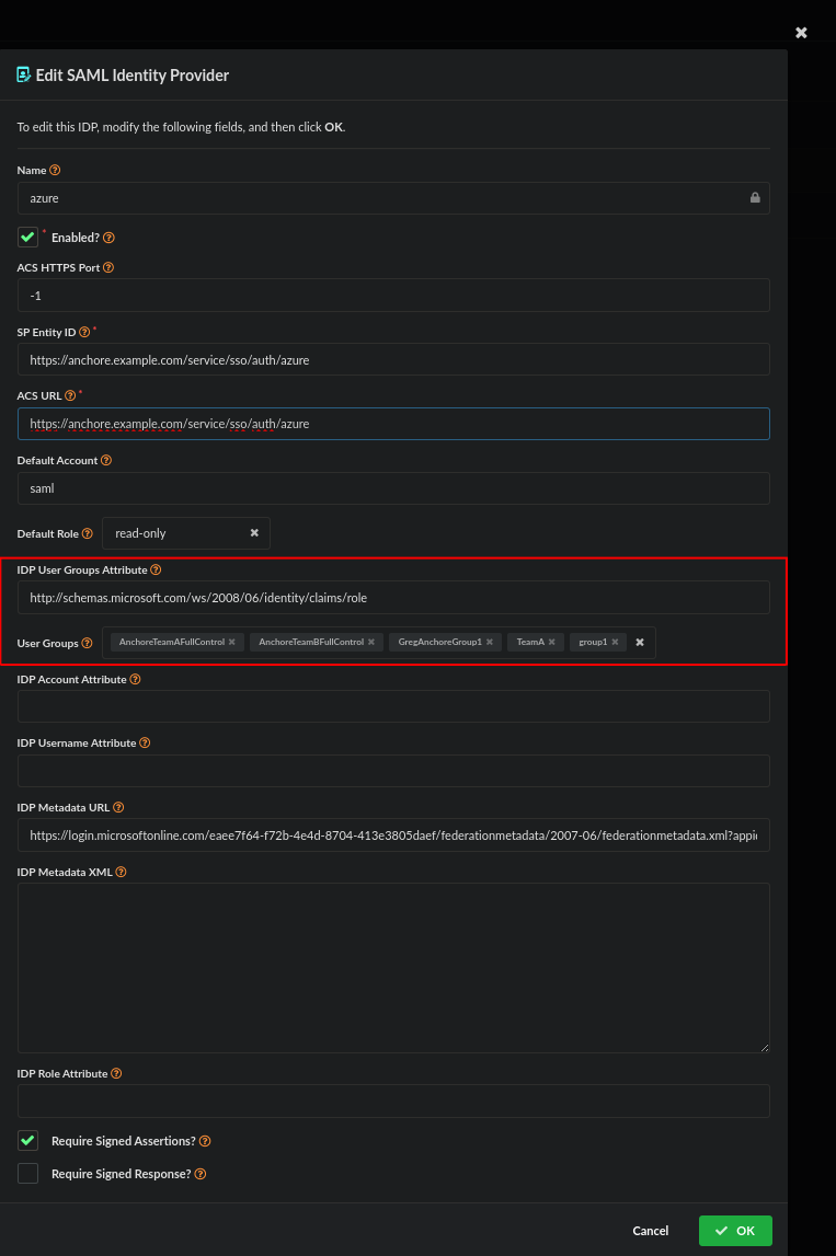 Anchore configure IDP User Groups Attribute