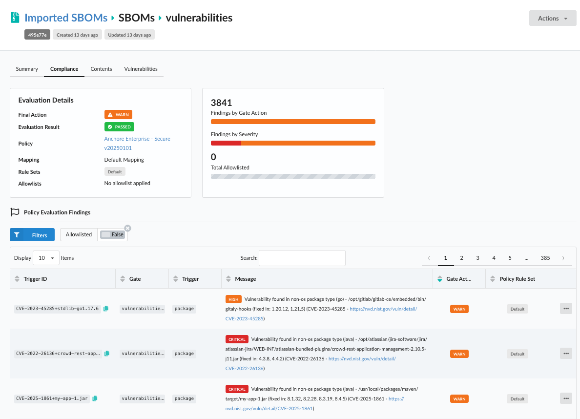 SBOM compliance tab