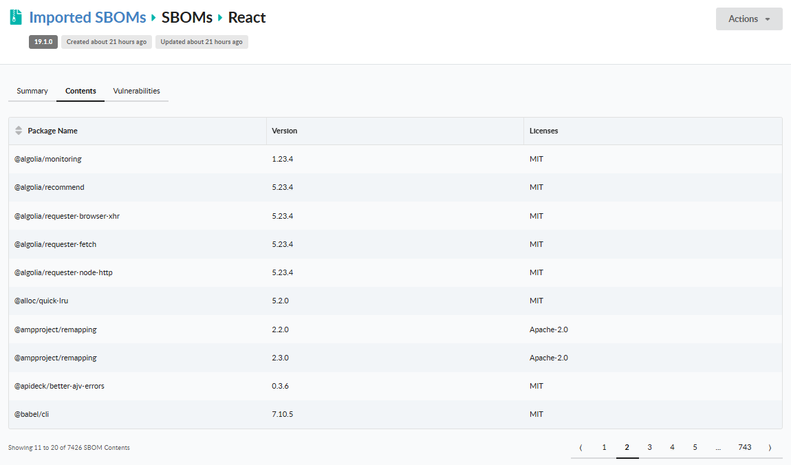 SBOM contents tab