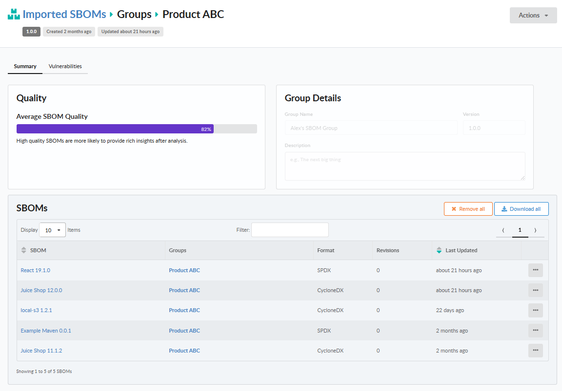SBOM group summary view