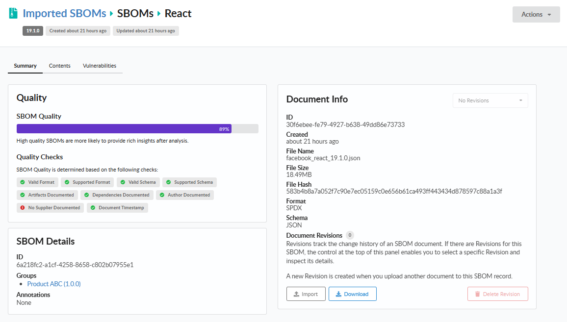 SBOM document insights and quality score