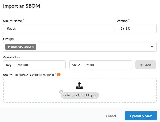 Import an SBOM dialog