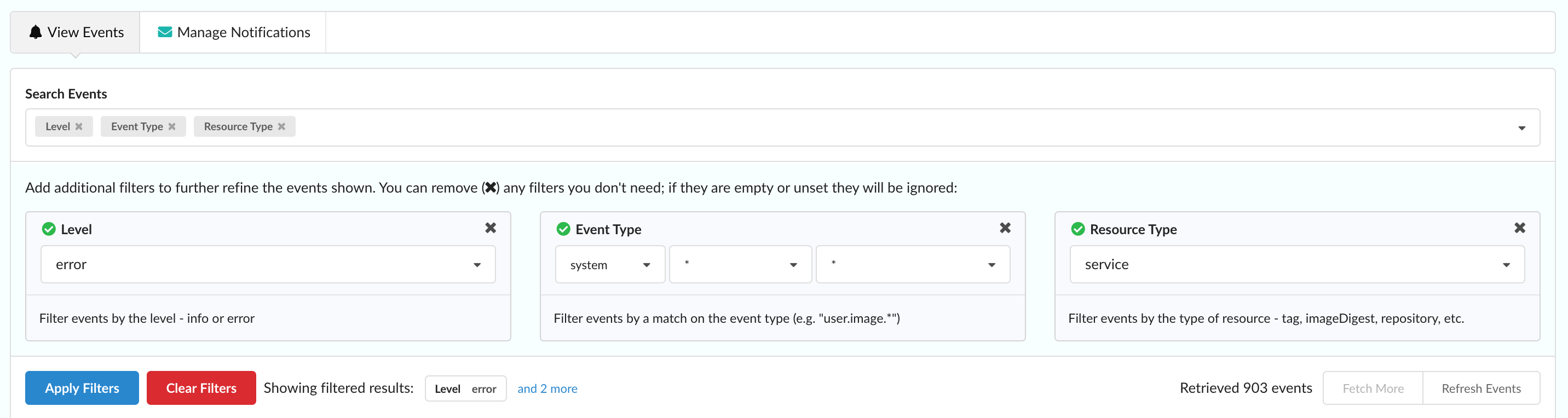 Event search filters
